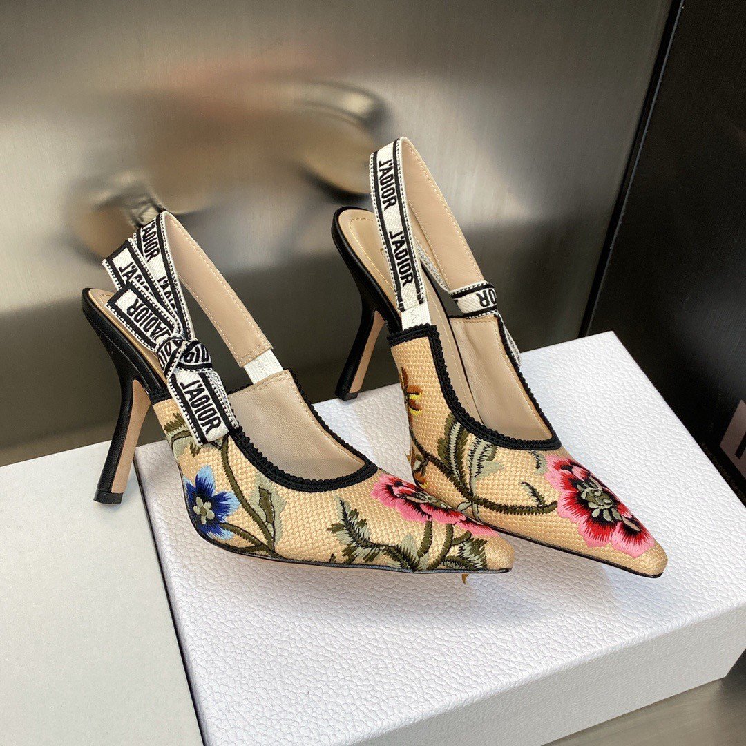 Dior J'Adior Slingback Pumps 100mm In Beige Petites Fleurs Embroidered Raffia