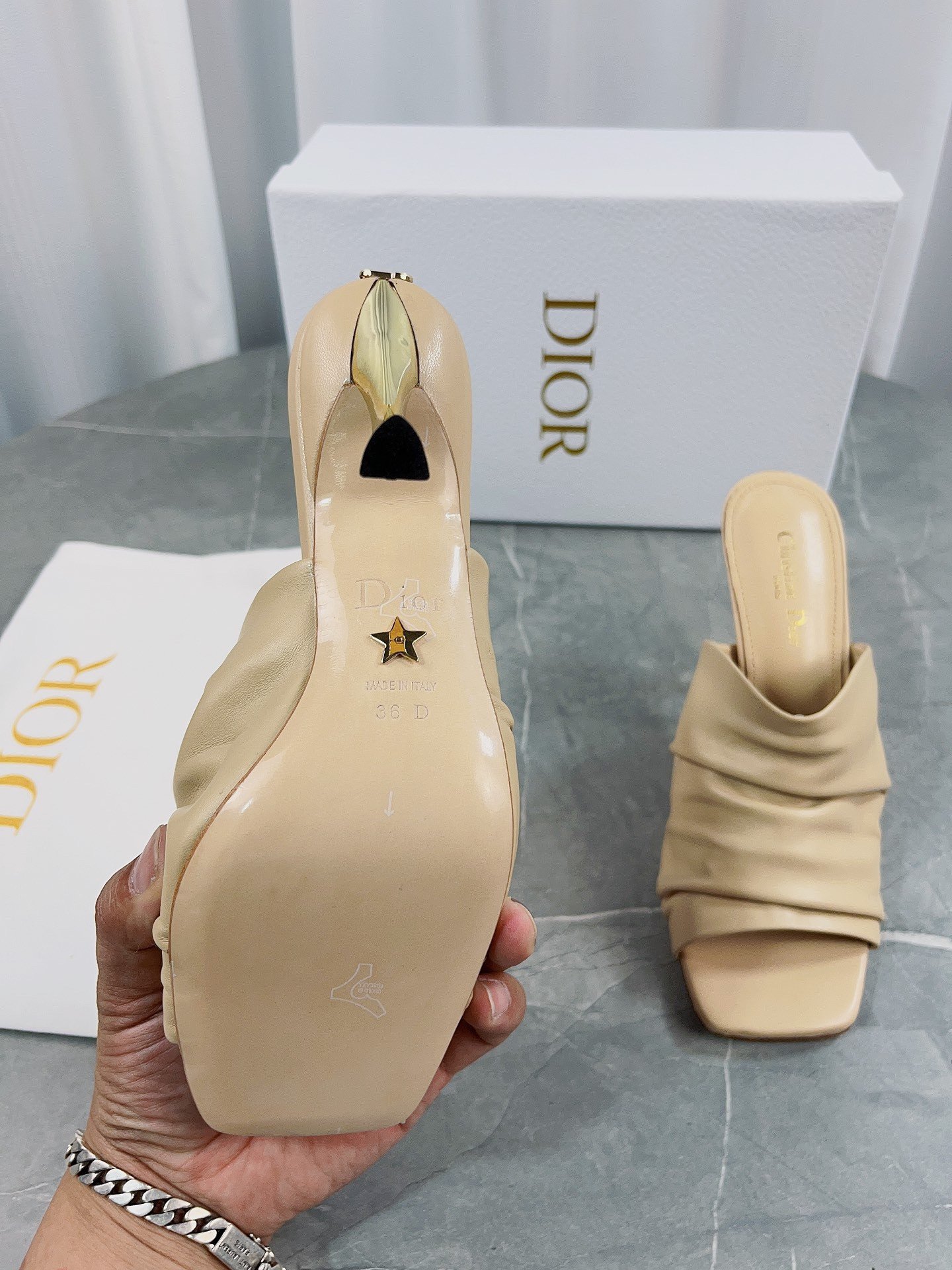 Dior D-Fame Heeled Sandals In Beige Pleated Lambskin