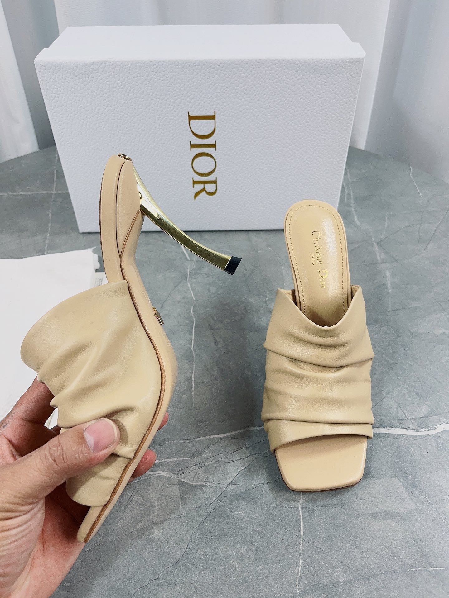 Dior D-Fame Heeled Sandals In Beige Pleated Lambskin