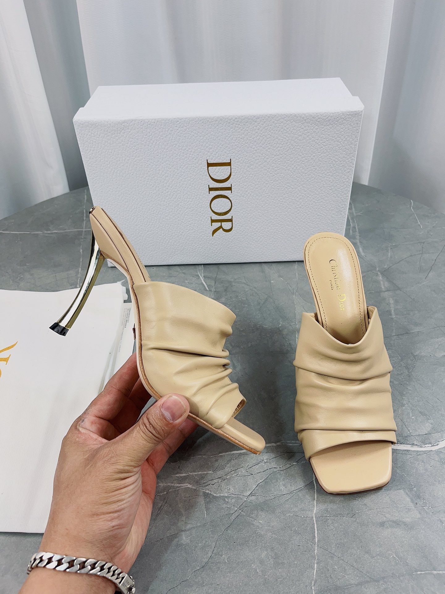 Dior D-Fame Heeled Sandals In Beige Pleated Lambskin