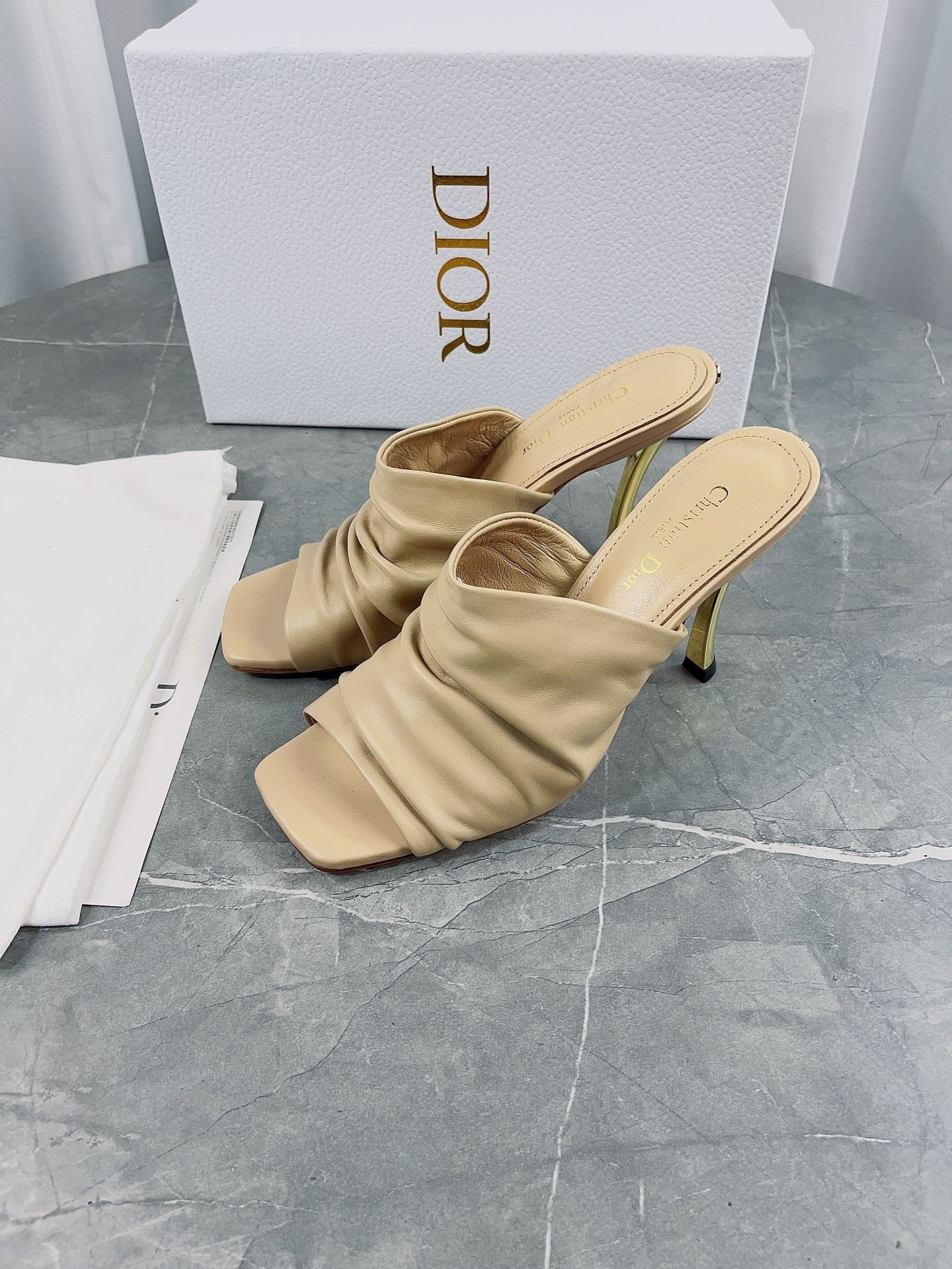 Dior D-Fame Heeled Sandals In Beige Pleated Lambskin