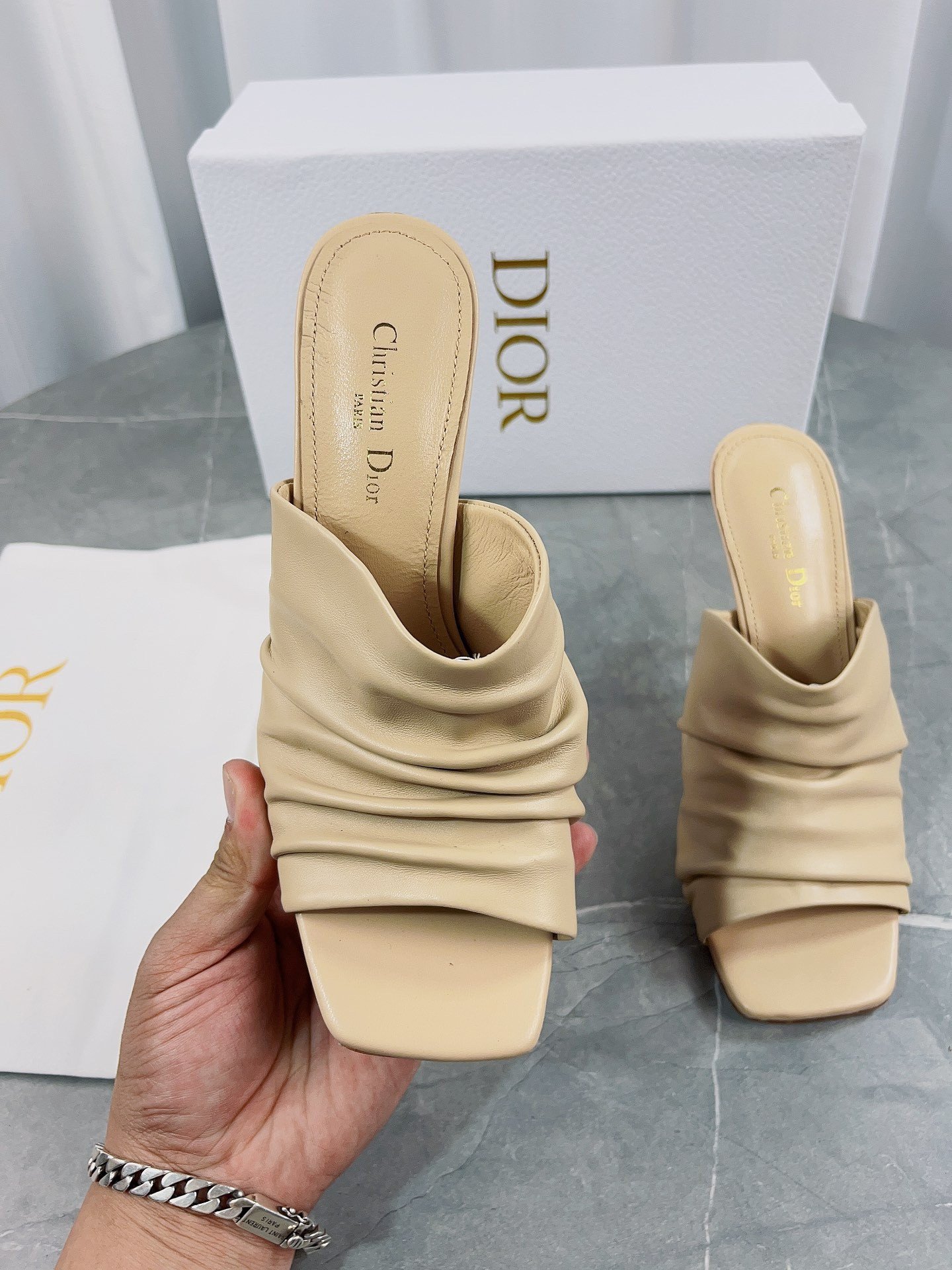 Dior D-Fame Heeled Sandals In Beige Pleated Lambskin