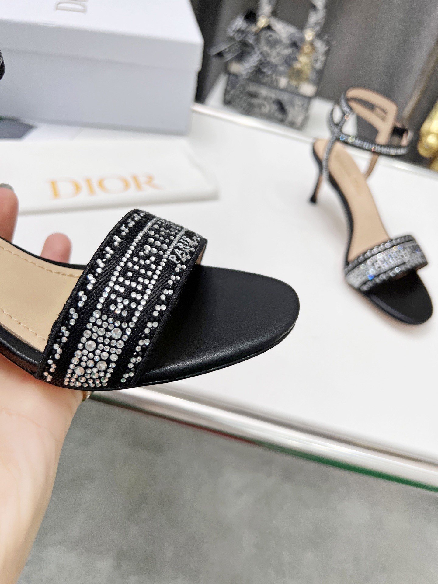 Dior Dway Heeled Sandals In Black Cotton with Strass