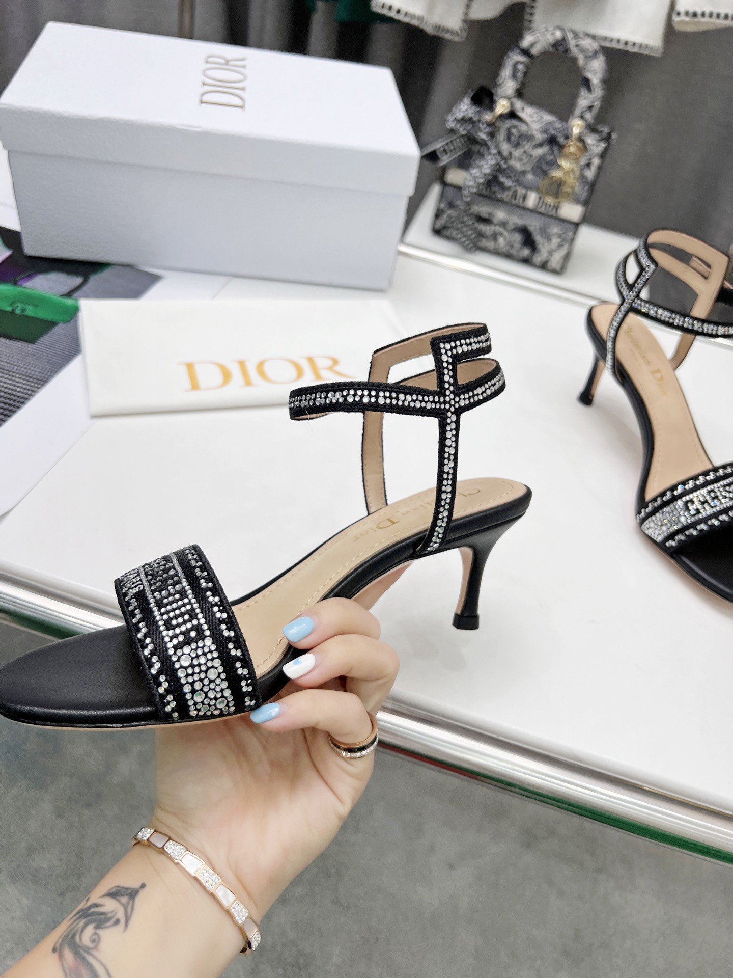 Dior Dway Heeled Sandals In Black Cotton with Strass