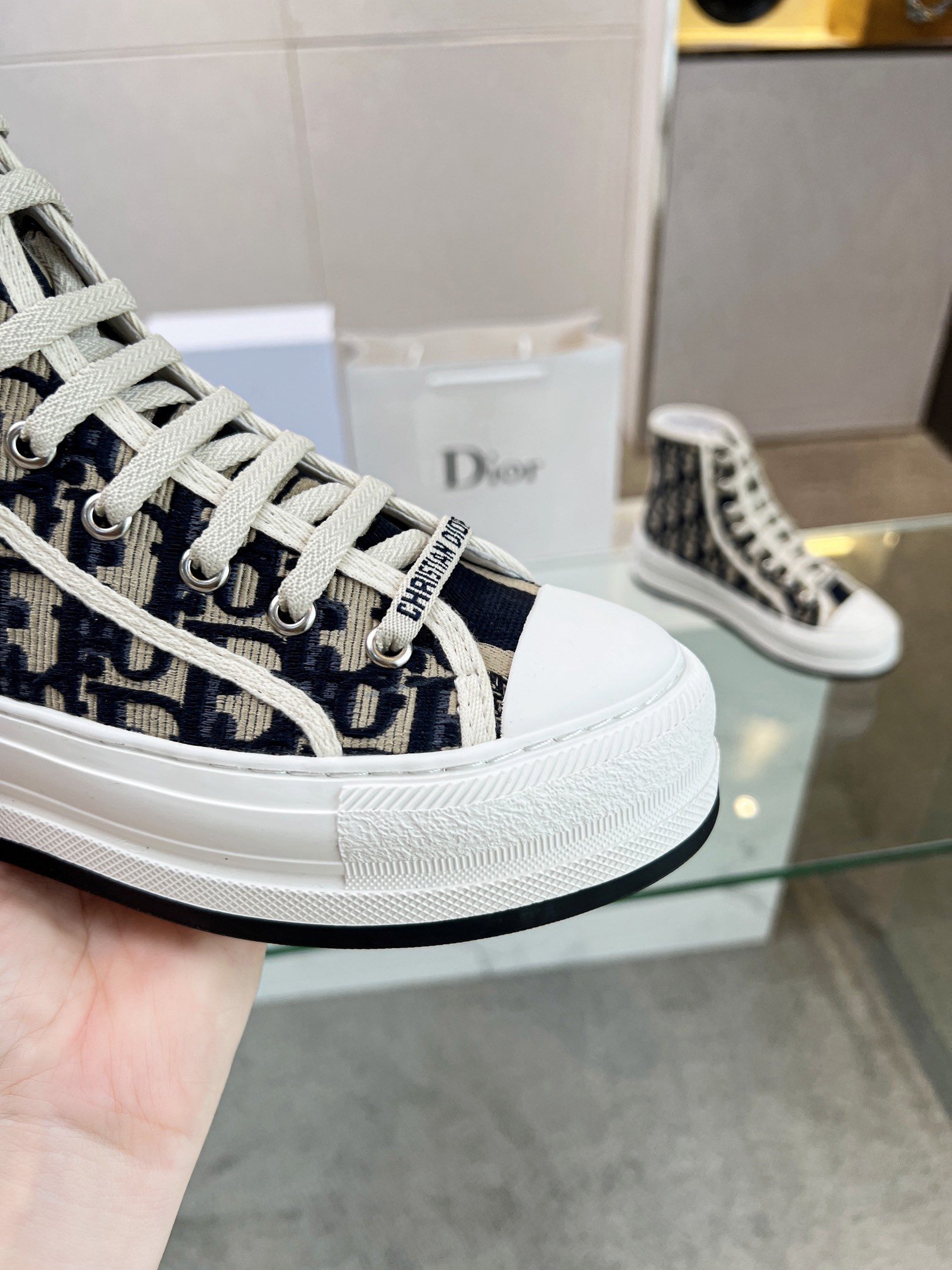 Dior Walk'n'Dior High-top Platform Sneakers In Blue Oblique Embroidered Cotton