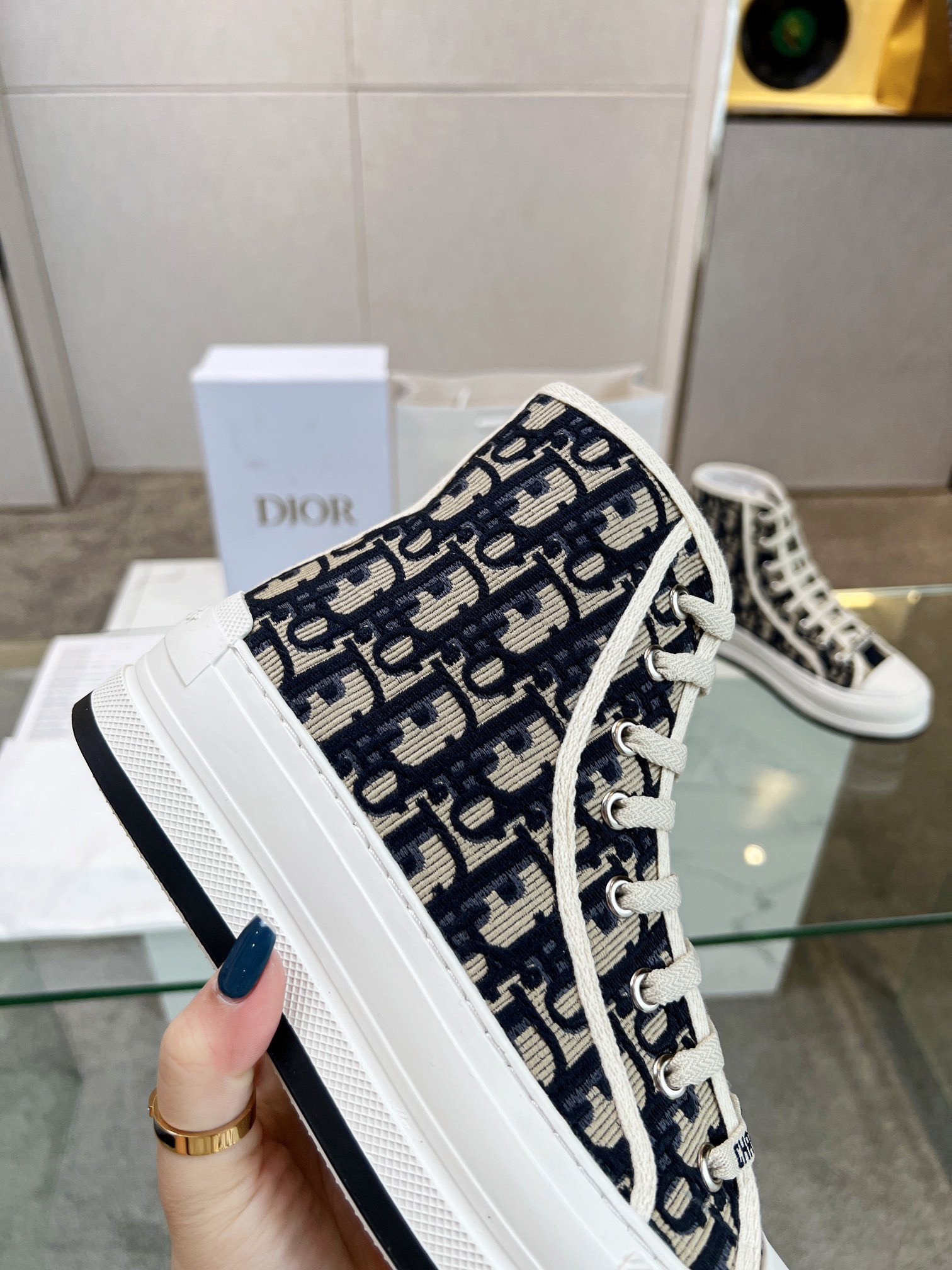 Dior Walk'n'Dior High-top Platform Sneakers In Blue Oblique Embroidered Cotton