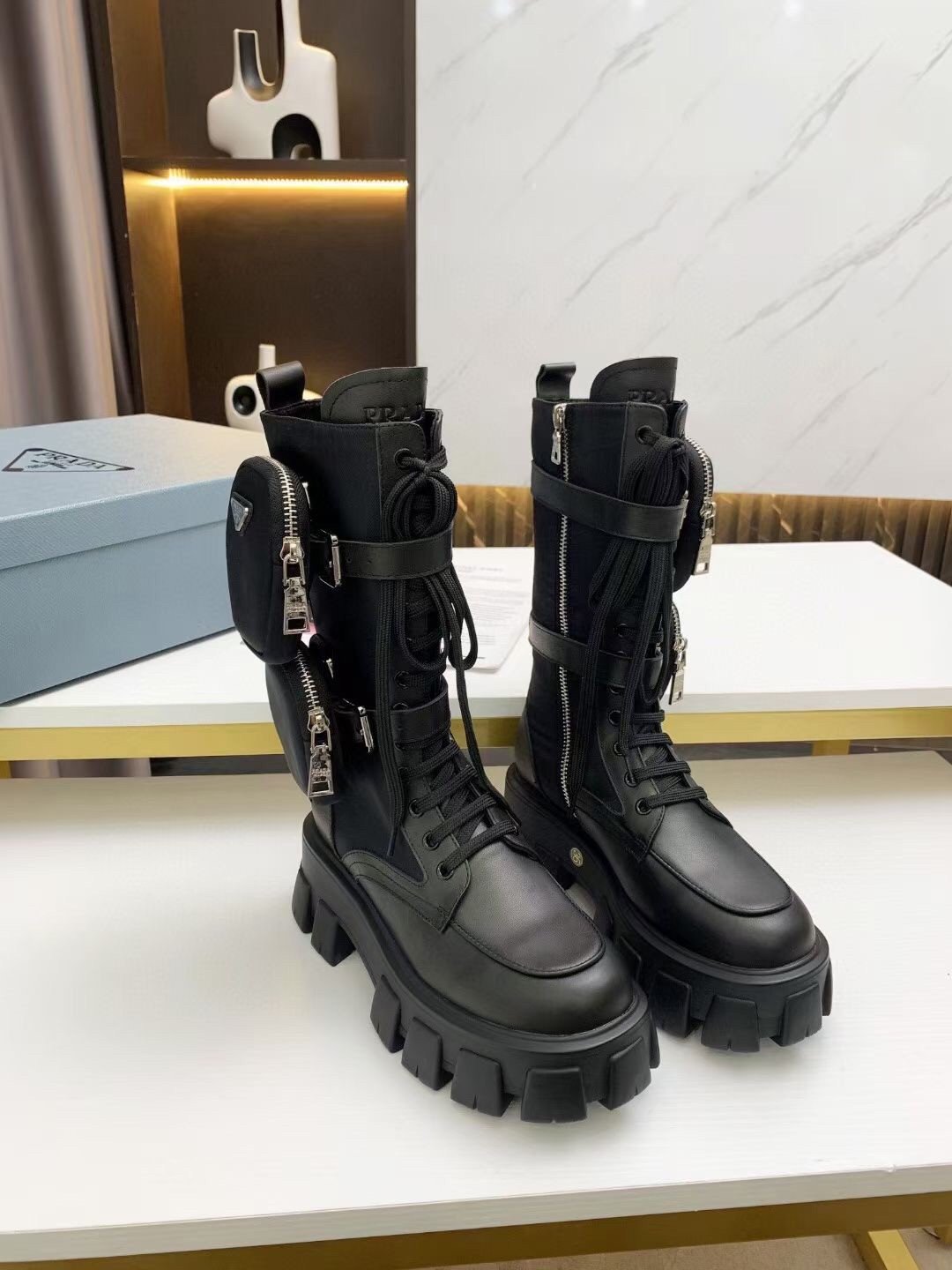 Prada Monolith Boots in Noir Leather and Nylon Fabric