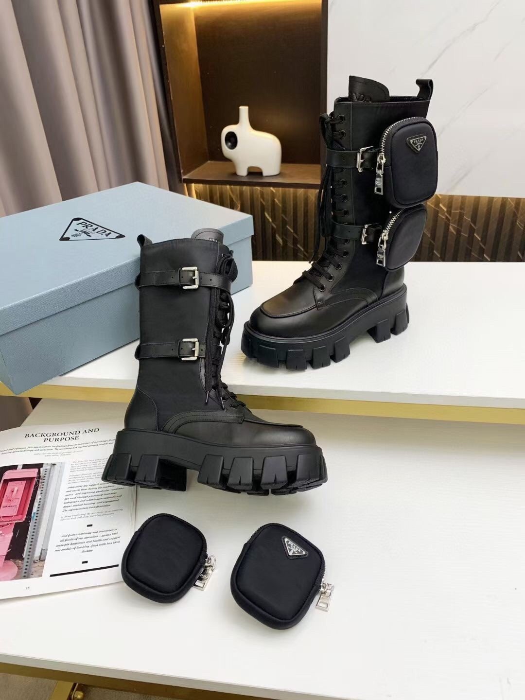 Prada Monolith Boots in Noir Leather and Nylon Fabric