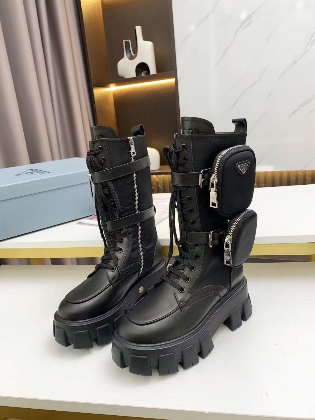 Prada Monolith Boots in Noir Leather and Nylon Fabric