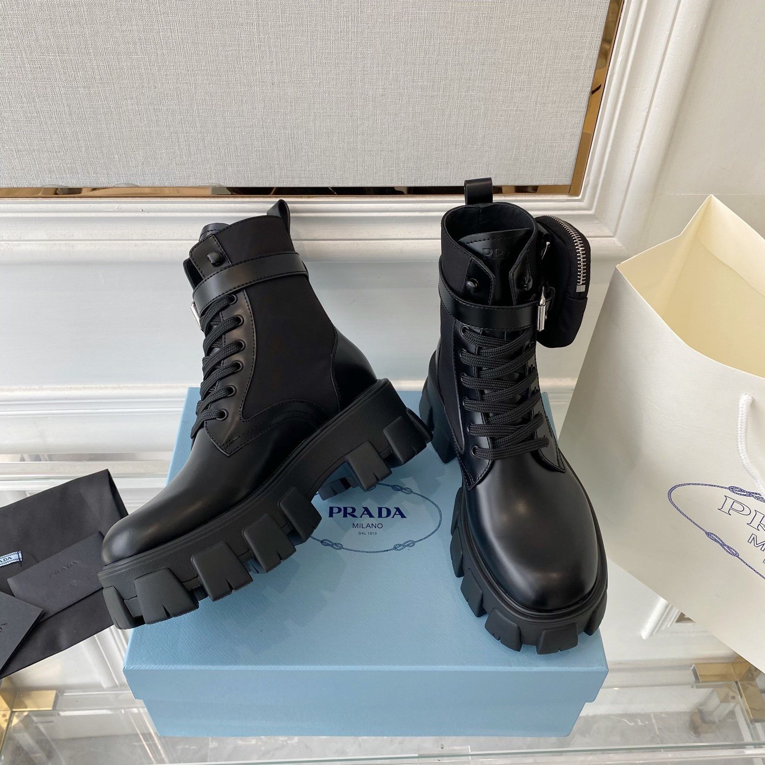 Prada Monolith Boots in Black Leather and Nylon Fabric