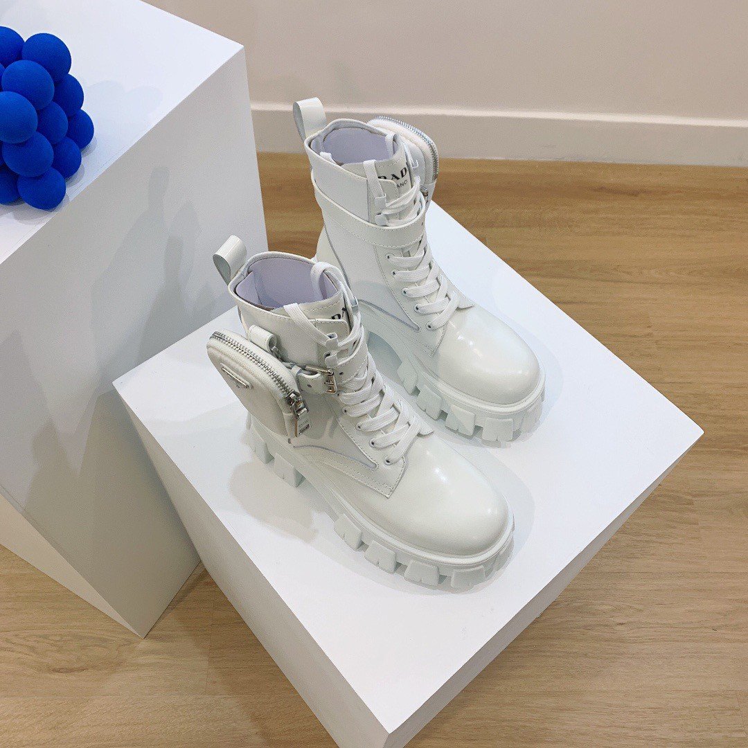 Prada Monolith Boots in White Leather and Nylon Fabric