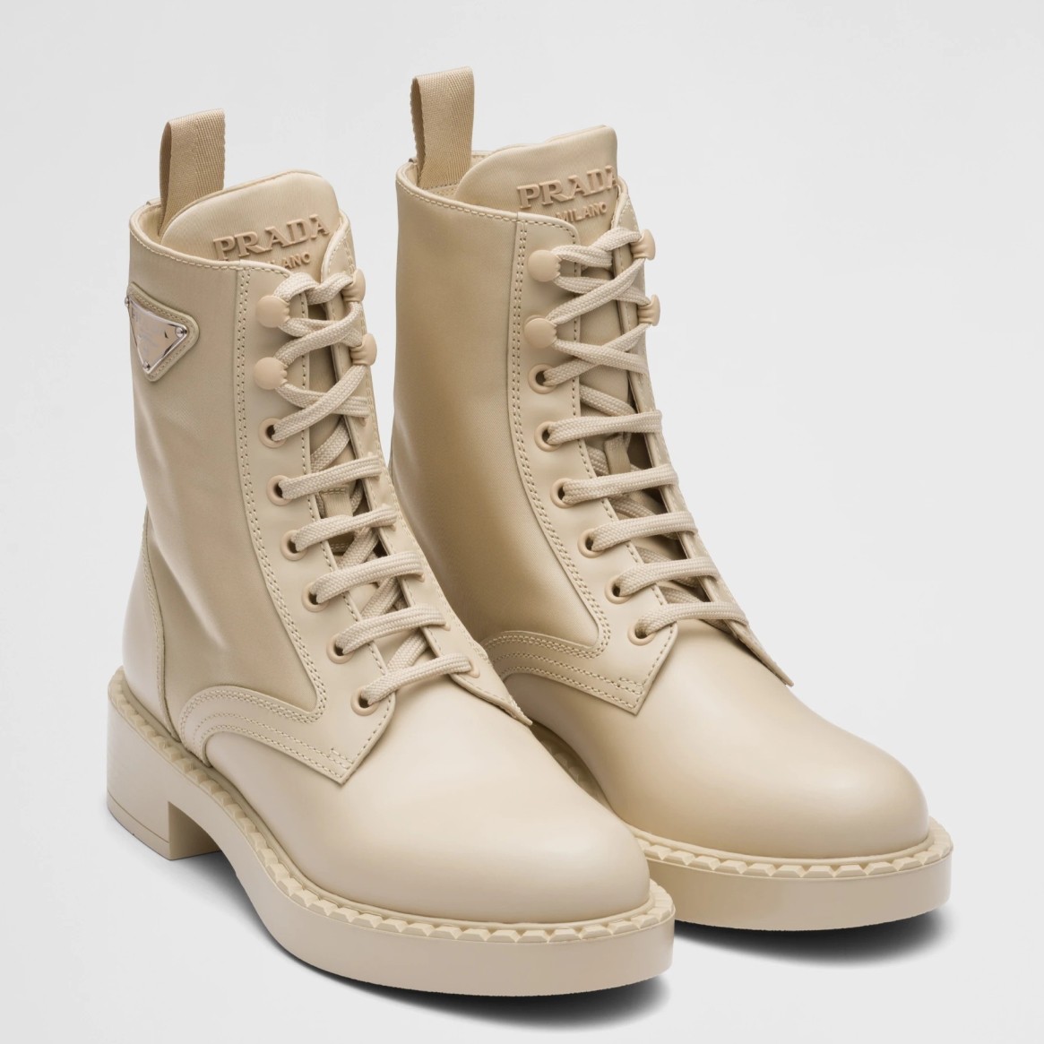 Prada Ankle Boots in Beige Brushed Leather and Re-Nylon