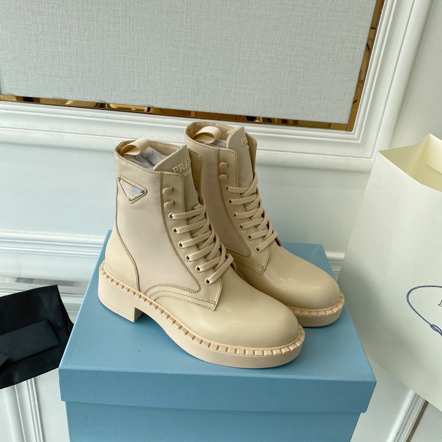 Prada Ankle Boots in Beige Brushed Leather and Re-Nylon