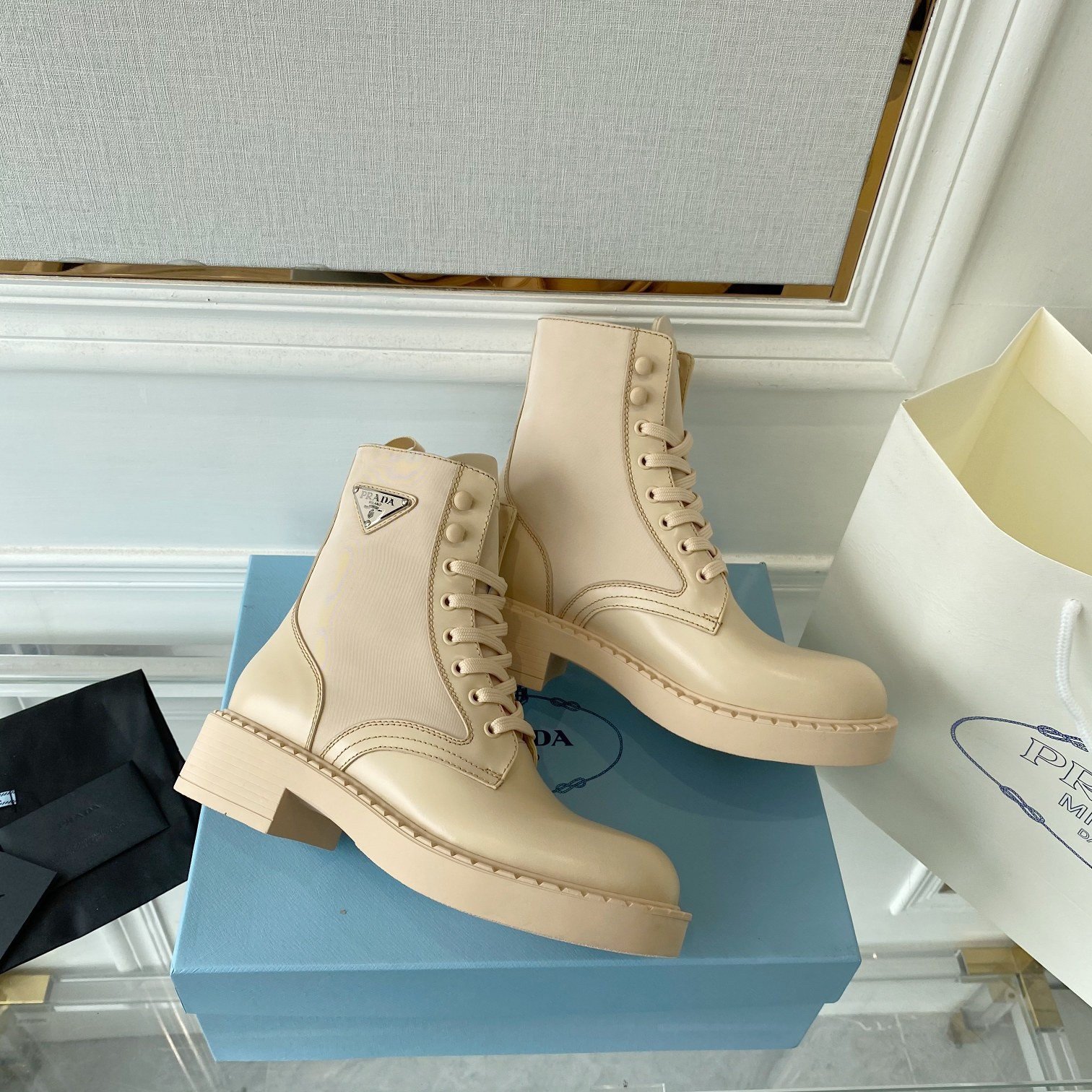 Prada Ankle Boots in Beige Brushed Leather and Re-Nylon