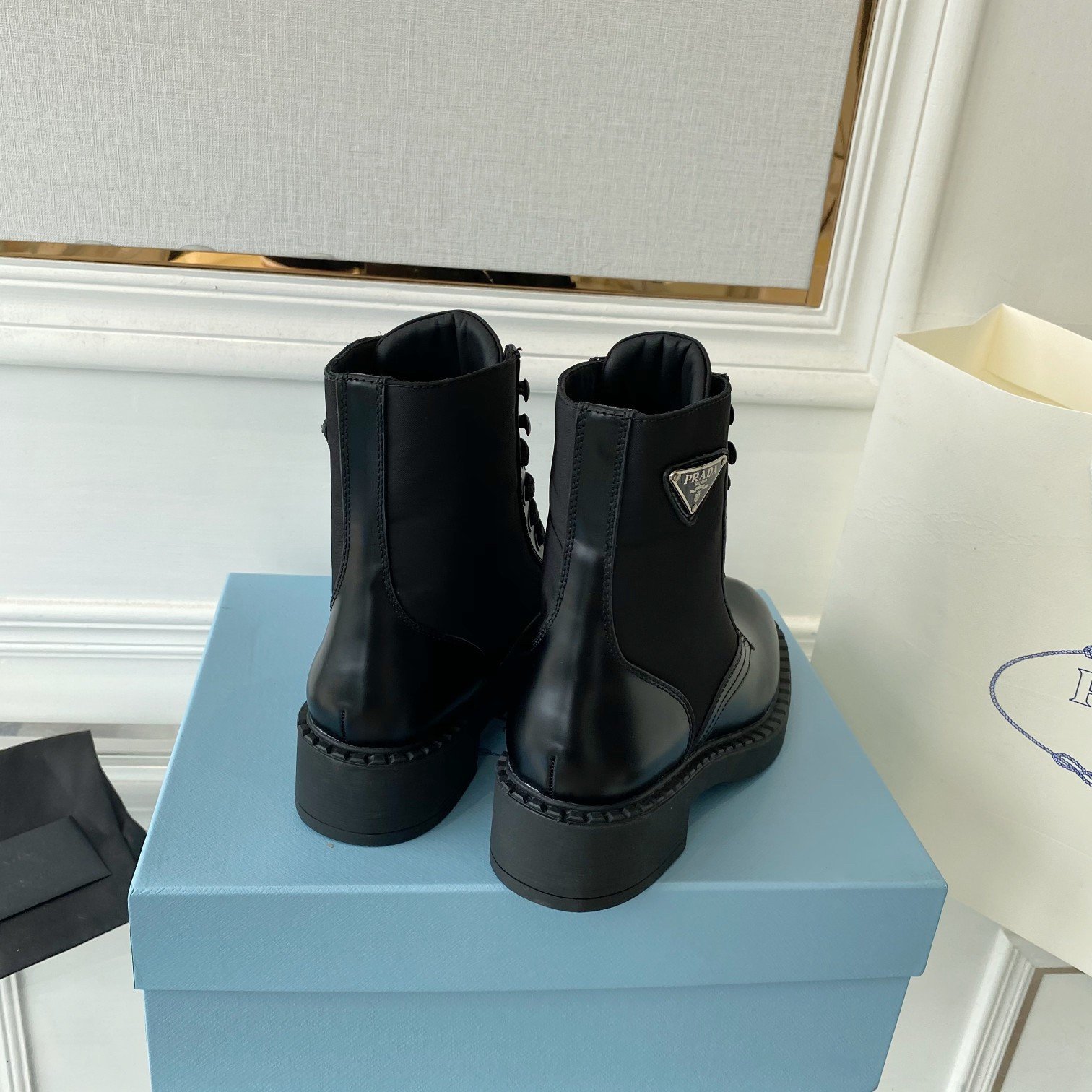 Prada Ankle Boots in Black Brushed Leather and Re-Nylon