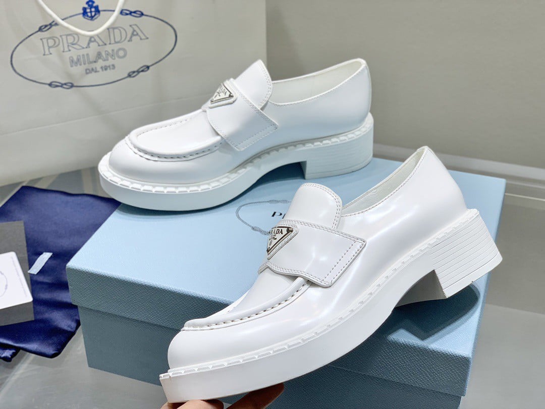 Prada Women's Loafers In White Brushed Leather