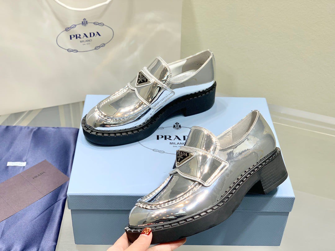 Prada Women's Loafers In Silver Metallic Leather