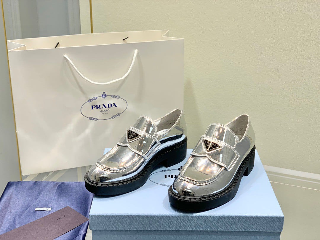 Prada Women's Loafers In Silver Metallic Leather