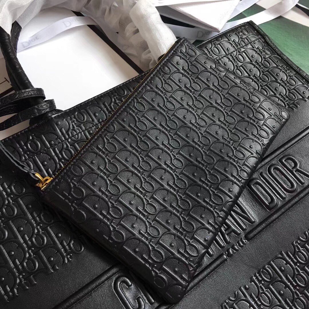 Dior Large Book Tote Bag In Black Dior Oblique Embossed Calfskin