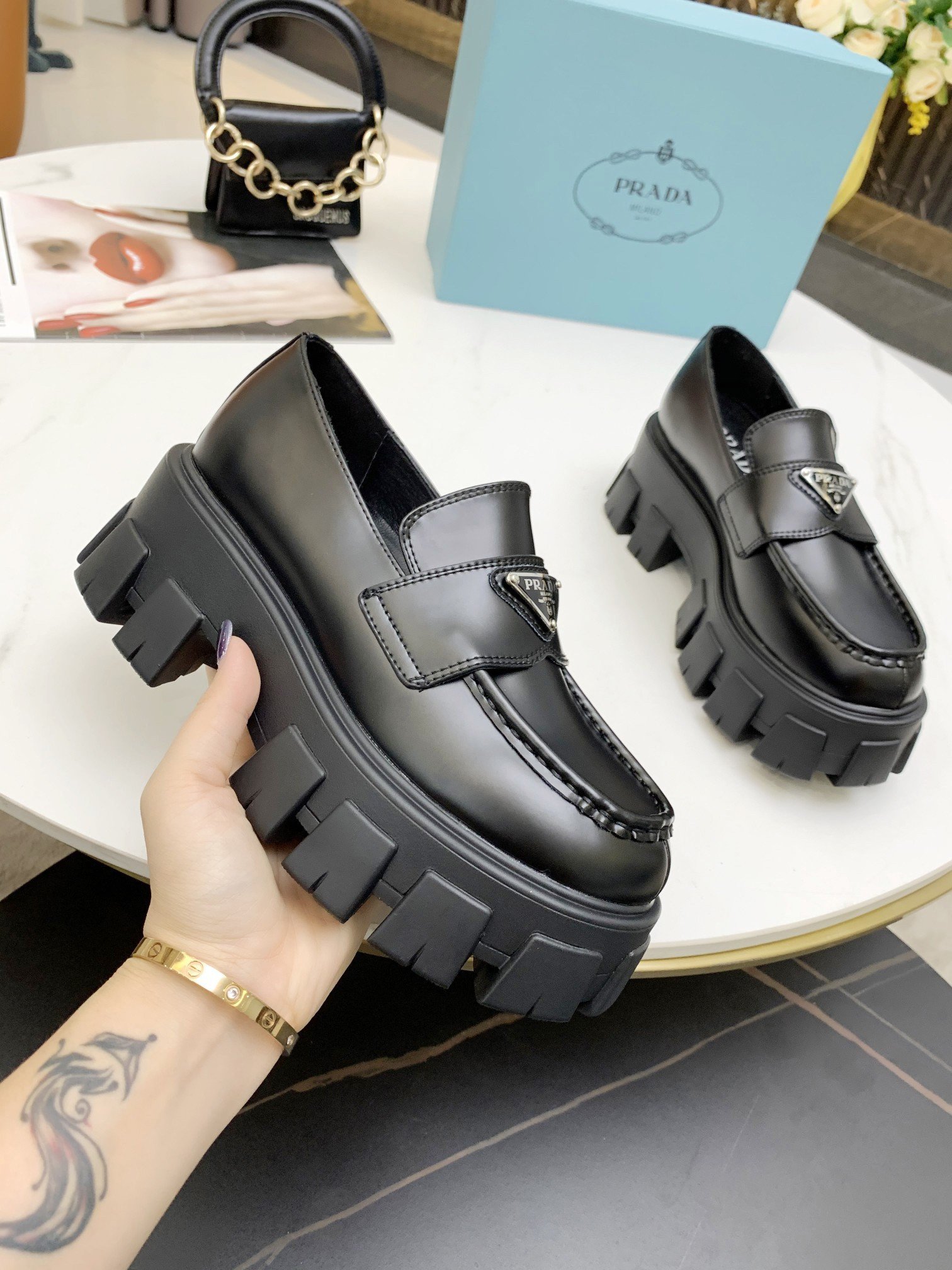 Prada Women's Monolith Loafers In Black Brushed Leather