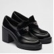 Prada Chocolate High-heeled Loafers In Black Brushed Leather