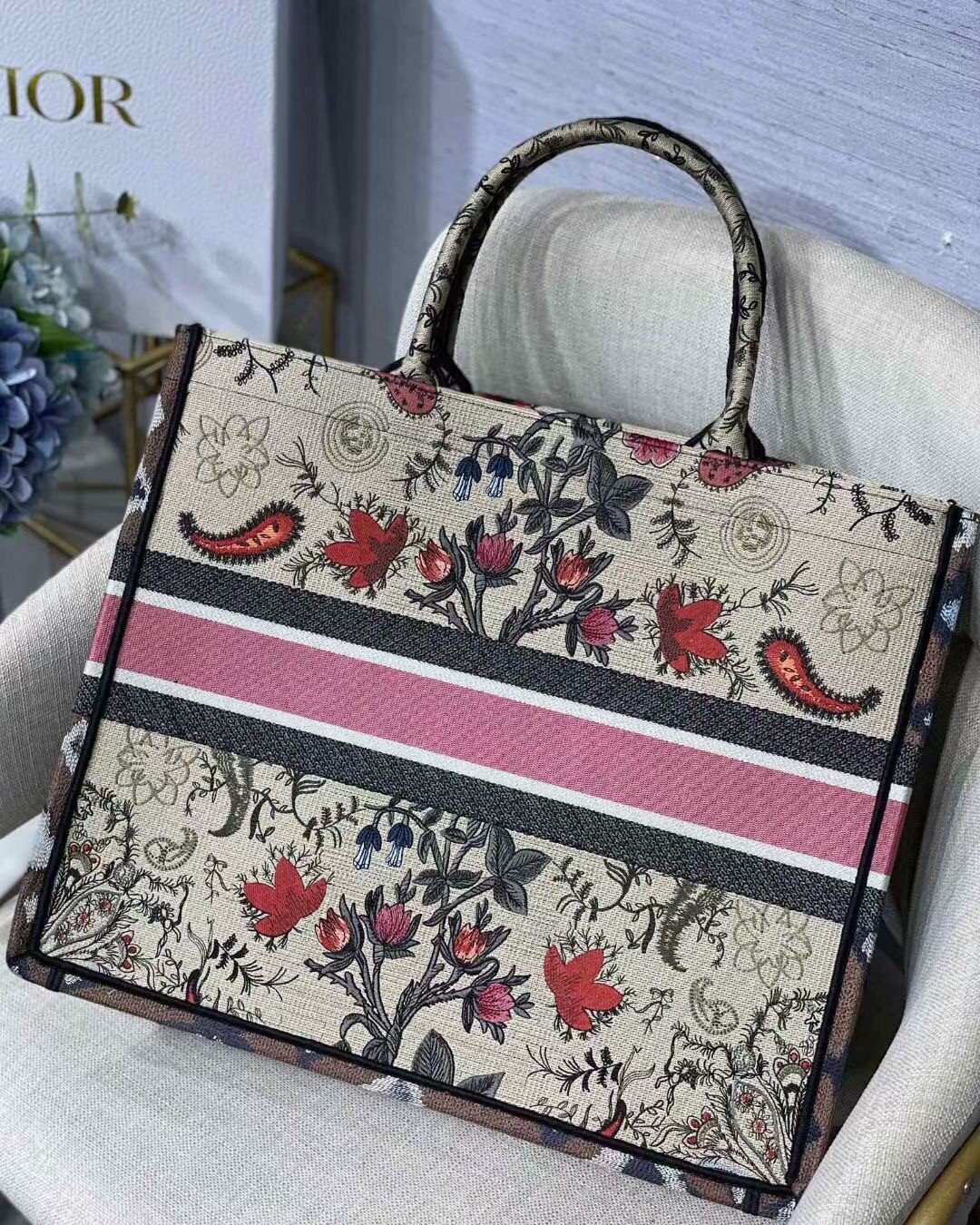 Dior Large Book Tote Bag In Multicolor Dior Flowers Embroidery