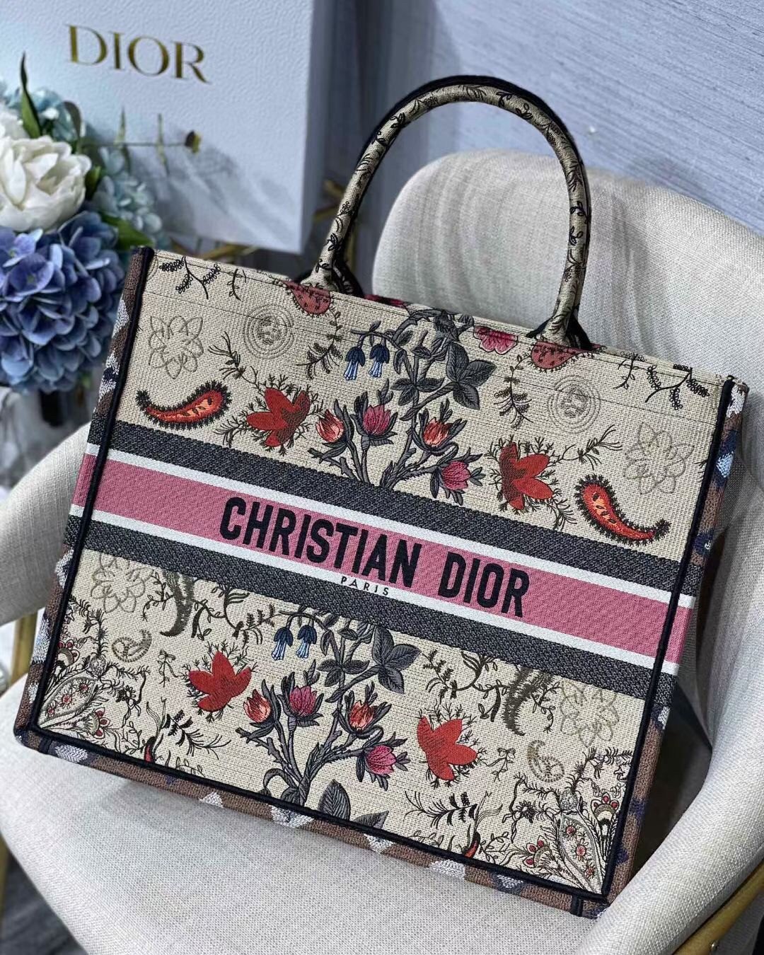 Dior Large Book Tote Bag In Multicolor Dior Flowers Embroidery