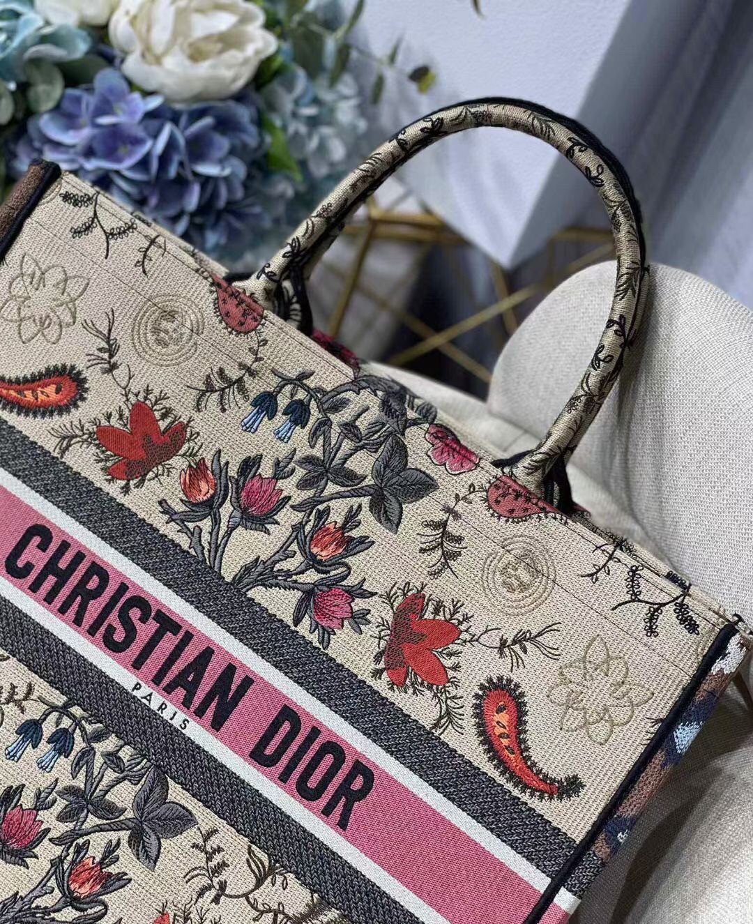 Dior Large Book Tote Bag In Multicolor Dior Flowers Embroidery