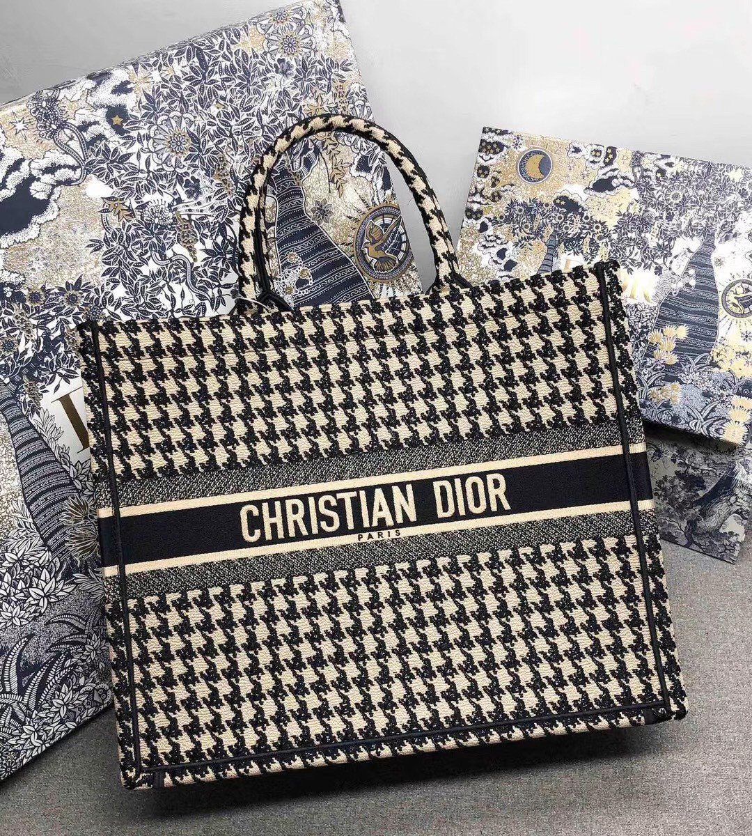 Dior Large Book Tote Bag In Beige Houndstooth Embroidery Canvas