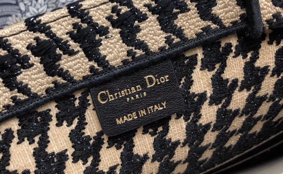 Dior Large Book Tote Bag In Beige Houndstooth Embroidery Canvas