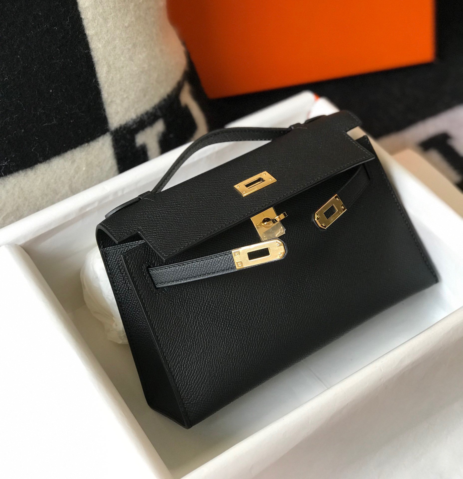 Hermes Kelly Pochette Clutch Bag In Black Epsom Leather