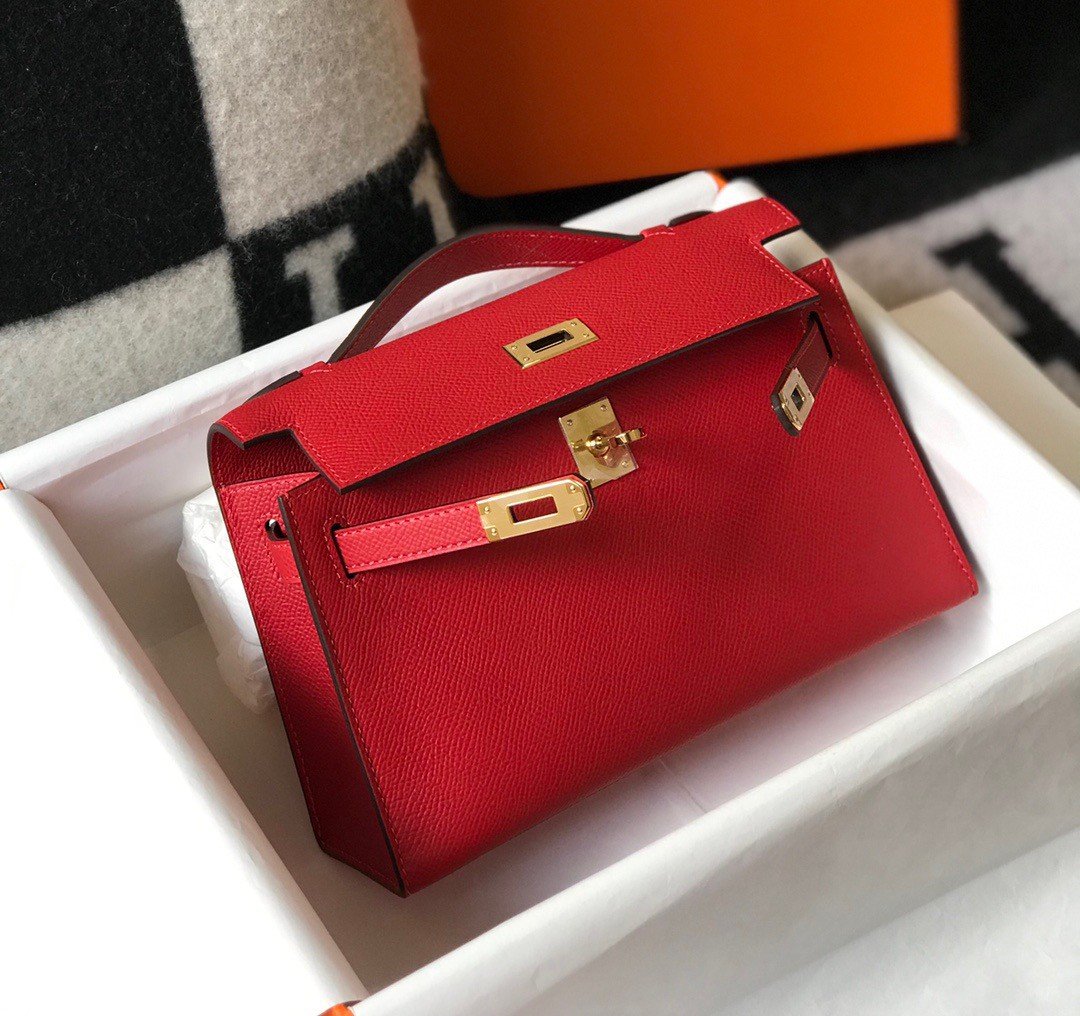 Hermes Kelly Pochette Clutch Bag In Red Epsom Leather