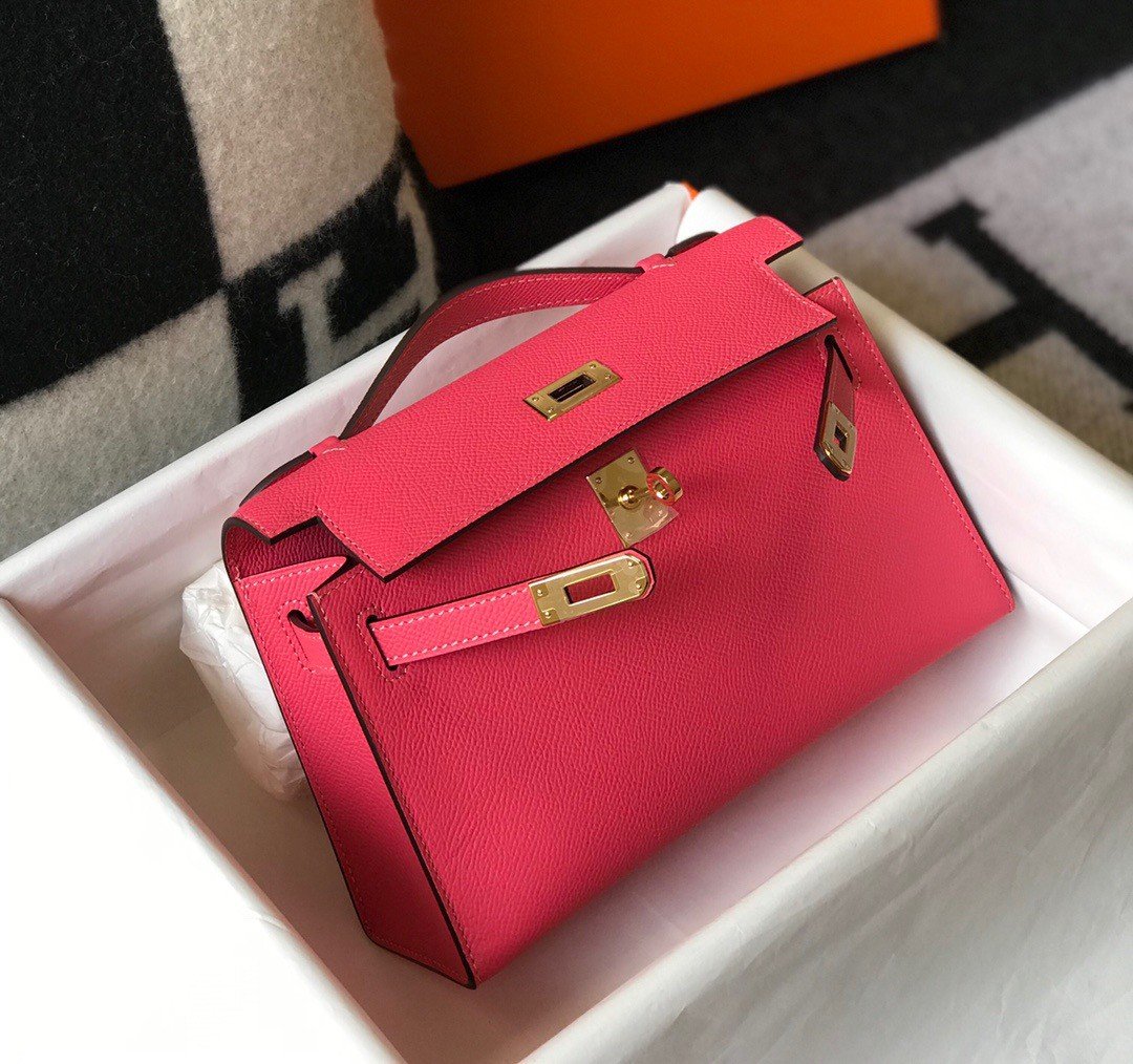 Hermes Kelly Pochette Clutch Bag In Rose Lipstick Epsom Leather