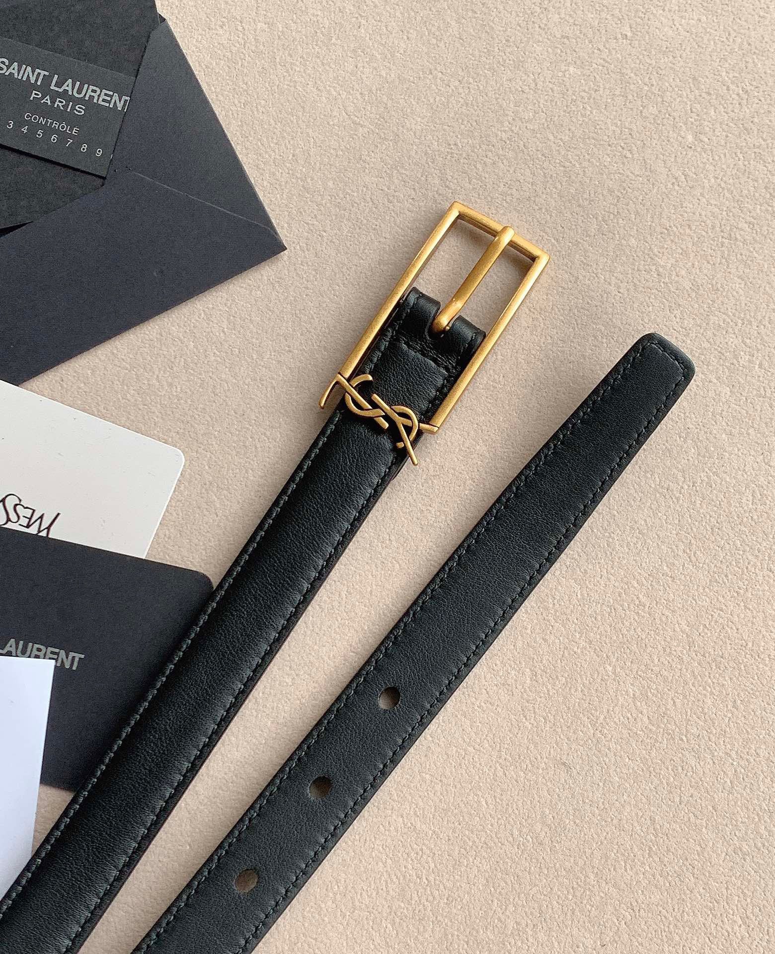 Saint Laurent New Cassandre Buckle Belt 20MM In Black Leather