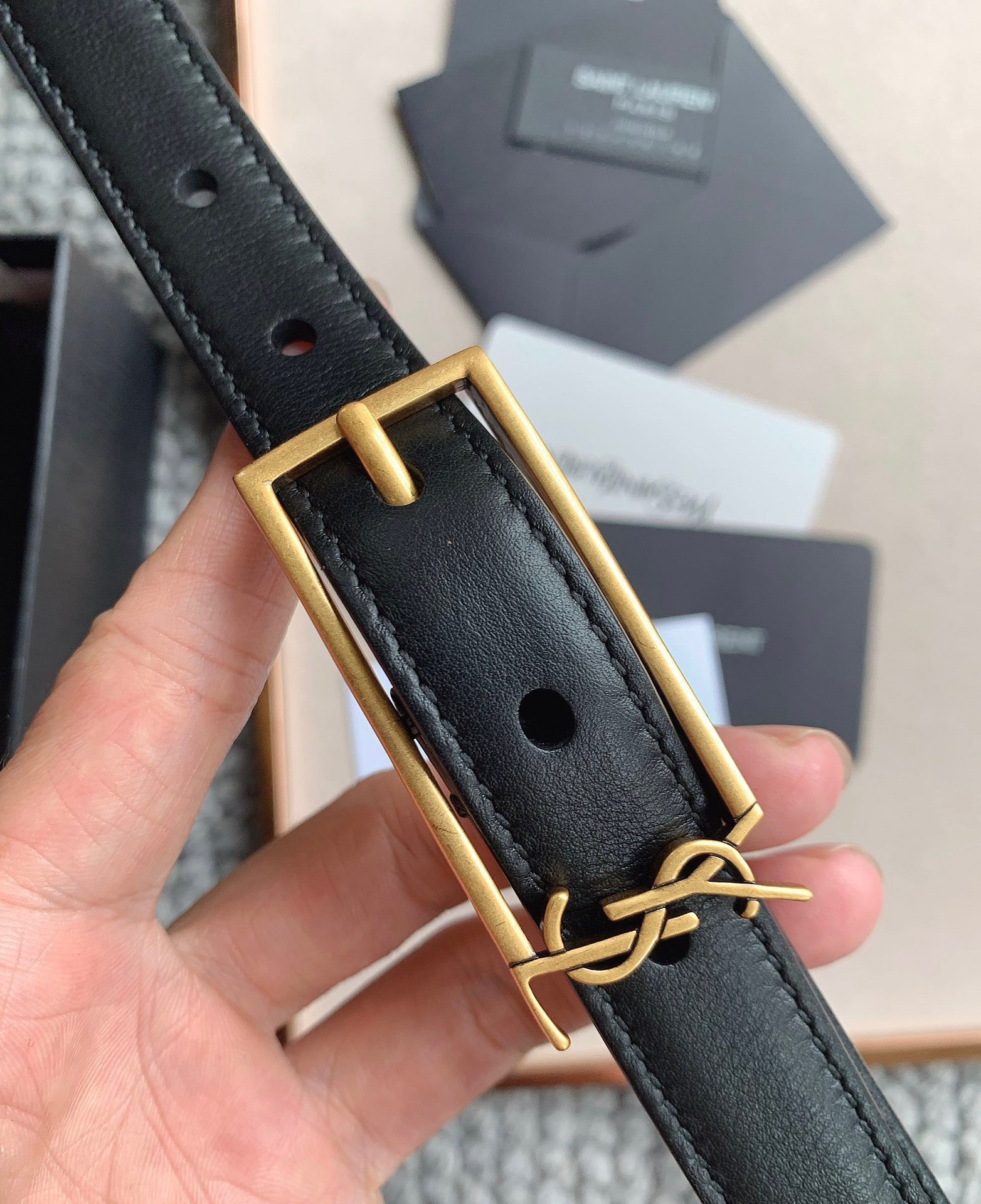 Saint Laurent New Cassandre Buckle Belt 20MM In Black Leather