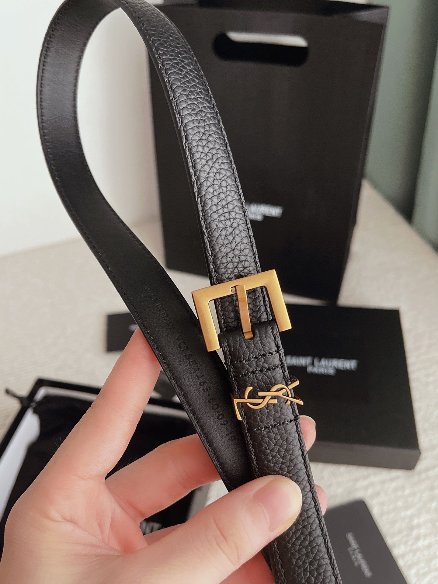 Saint Laurent Cassandre Square Buckle Belt 20MM In Black Calfskin