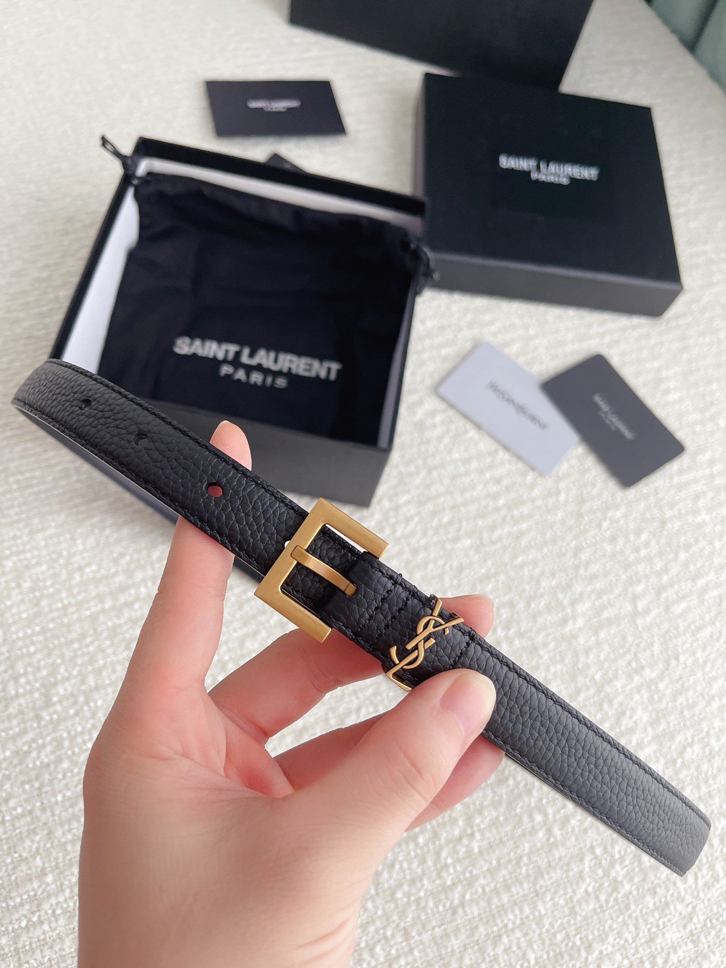 Saint Laurent Cassandre Square Buckle Belt 20MM In Black Calfskin