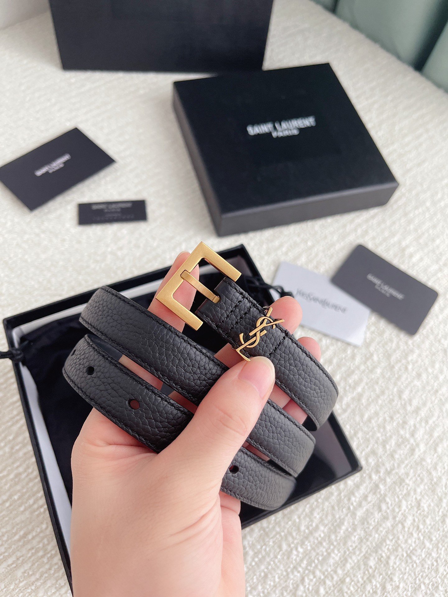 Saint Laurent Cassandre Square Buckle Belt 20MM In Black Calfskin