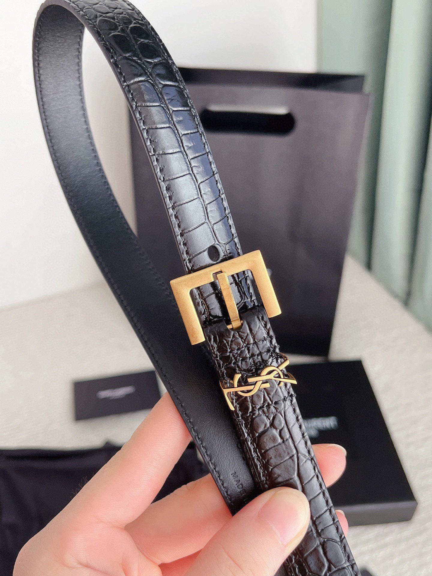 Saint Laurent Cassandre Square Buckle Belt 20MM In Black Crocodile-embossed Leather