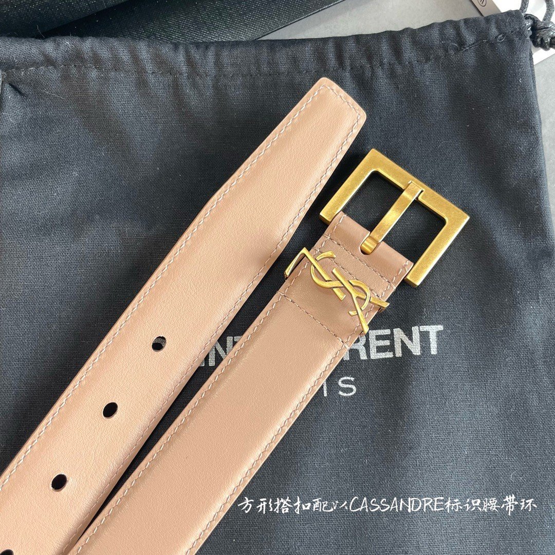 Saint Laurent Cassandre Square Buckle Belt 30MM In Beige Leather