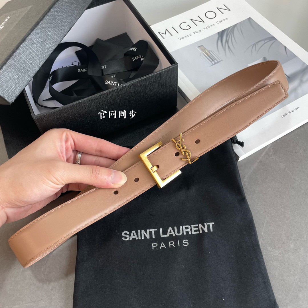 Saint Laurent Cassandre Square Buckle Belt 30MM In Beige Leather