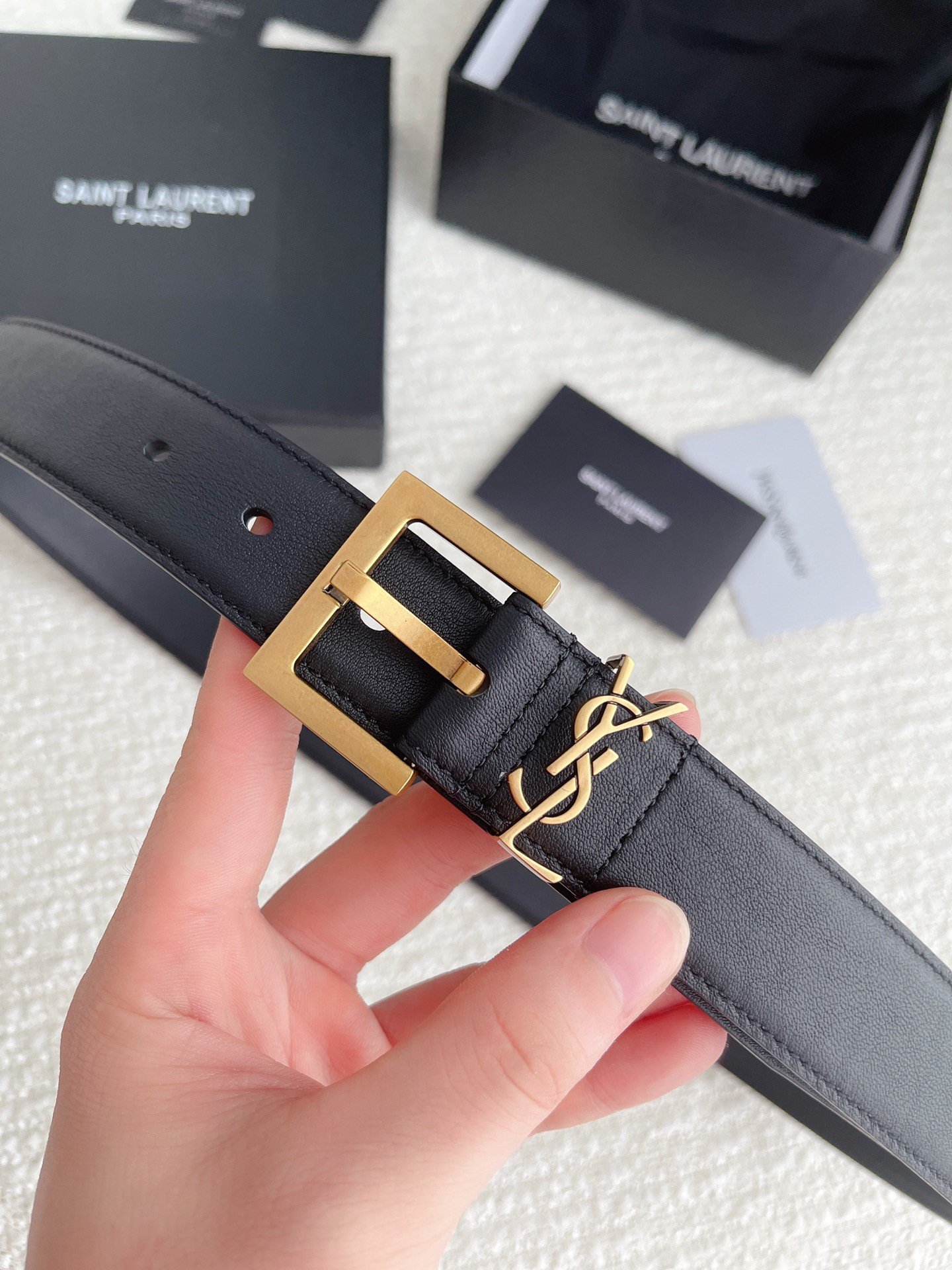 Saint Laurent Cassandre Square Buckle Belt 30MM In Black Leather