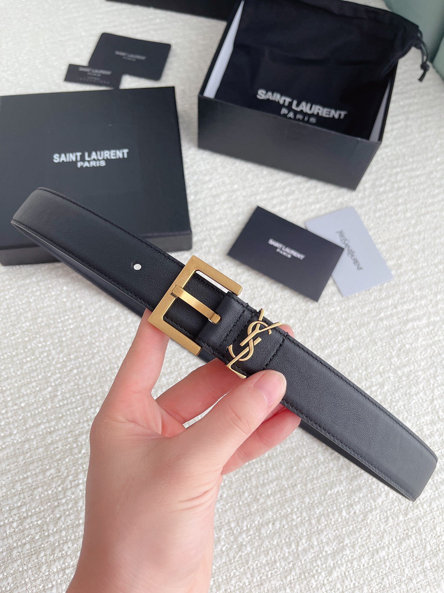 Saint Laurent Cassandre Square Buckle Belt 30MM In Black Leather