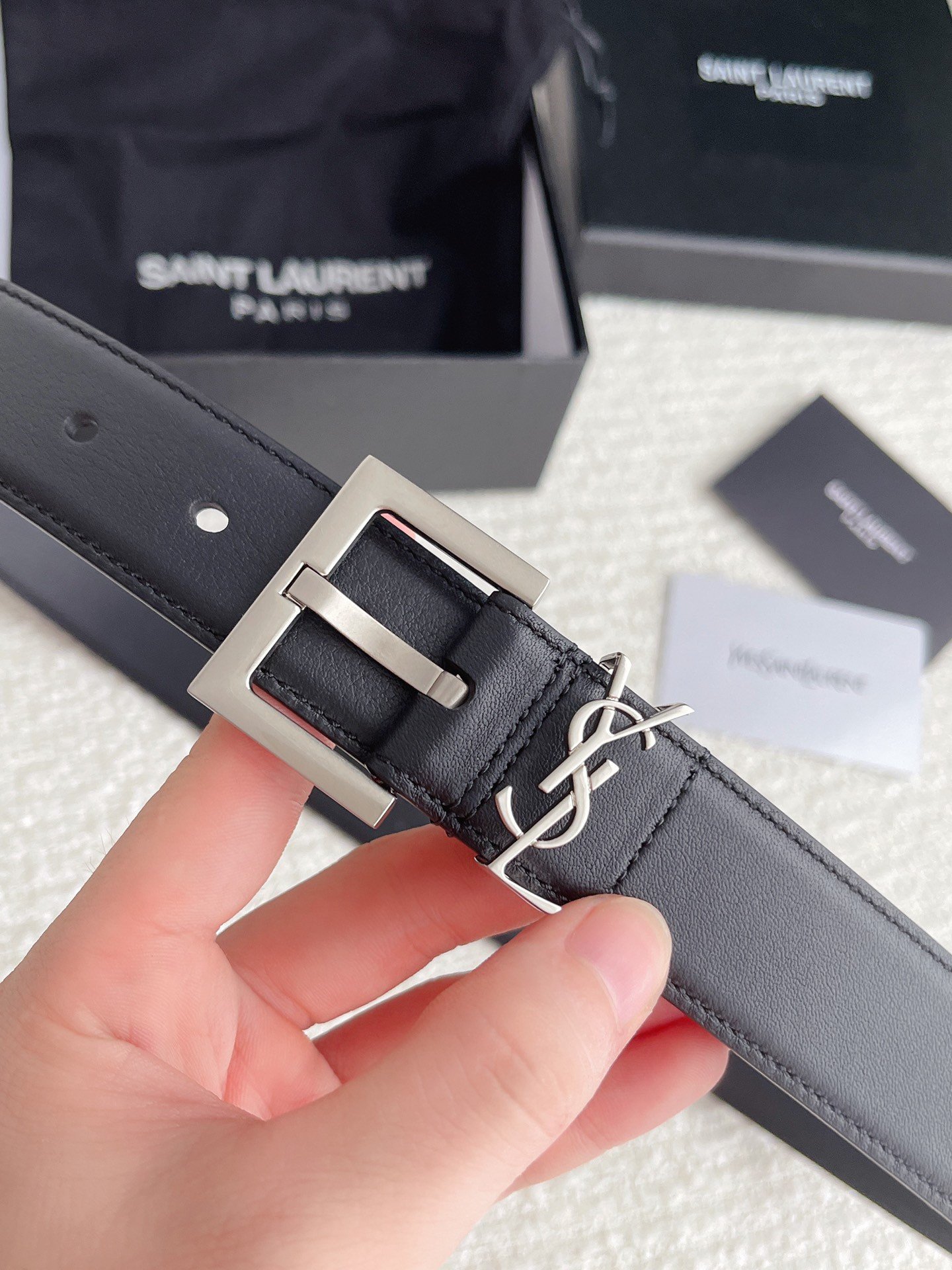 Saint Laurent Cassandre Square Buckle Belt 30MM In Noir Leather