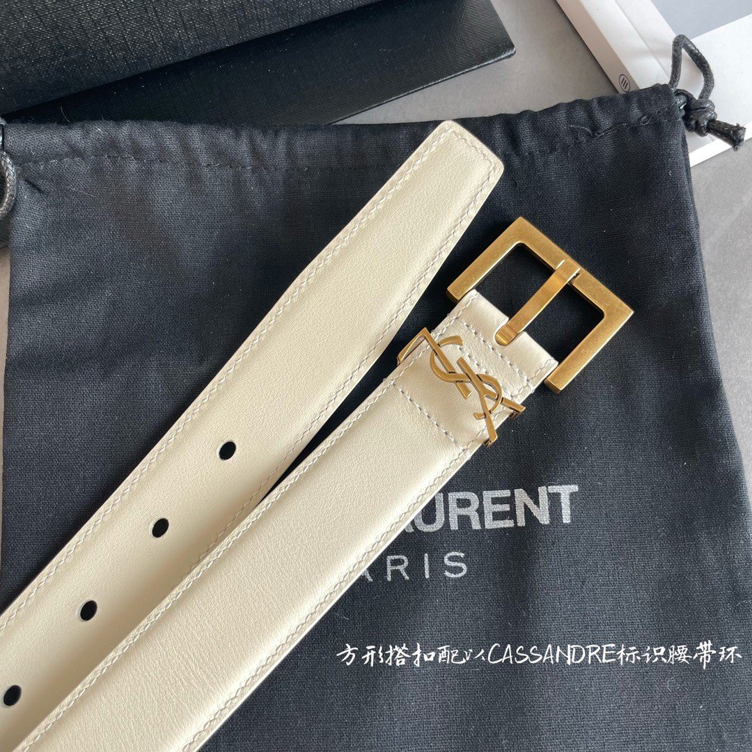 Saint Laurent Cassandre Square Buckle Belt 30MM In White Leather