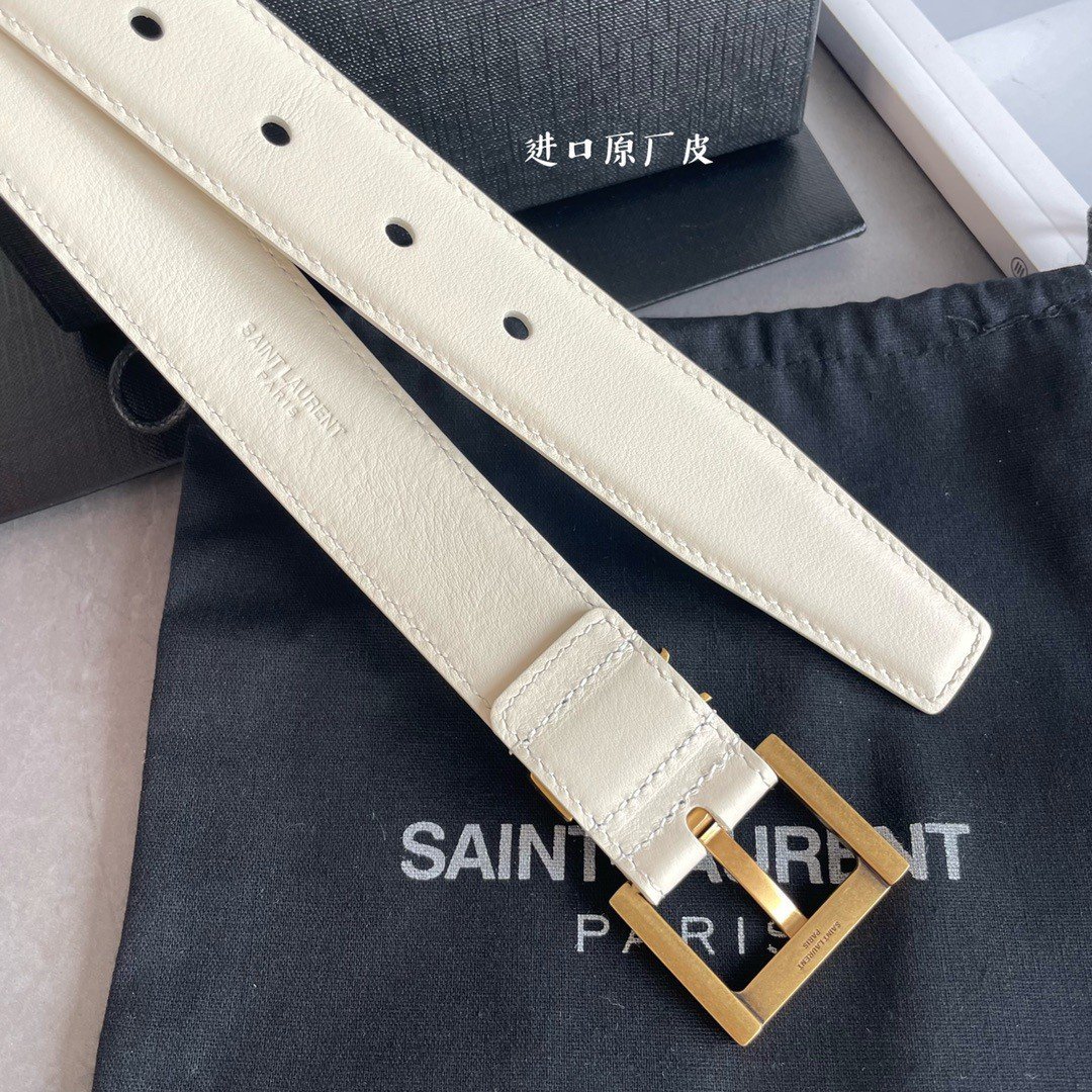 Saint Laurent Cassandre Square Buckle Belt 30MM In White Leather