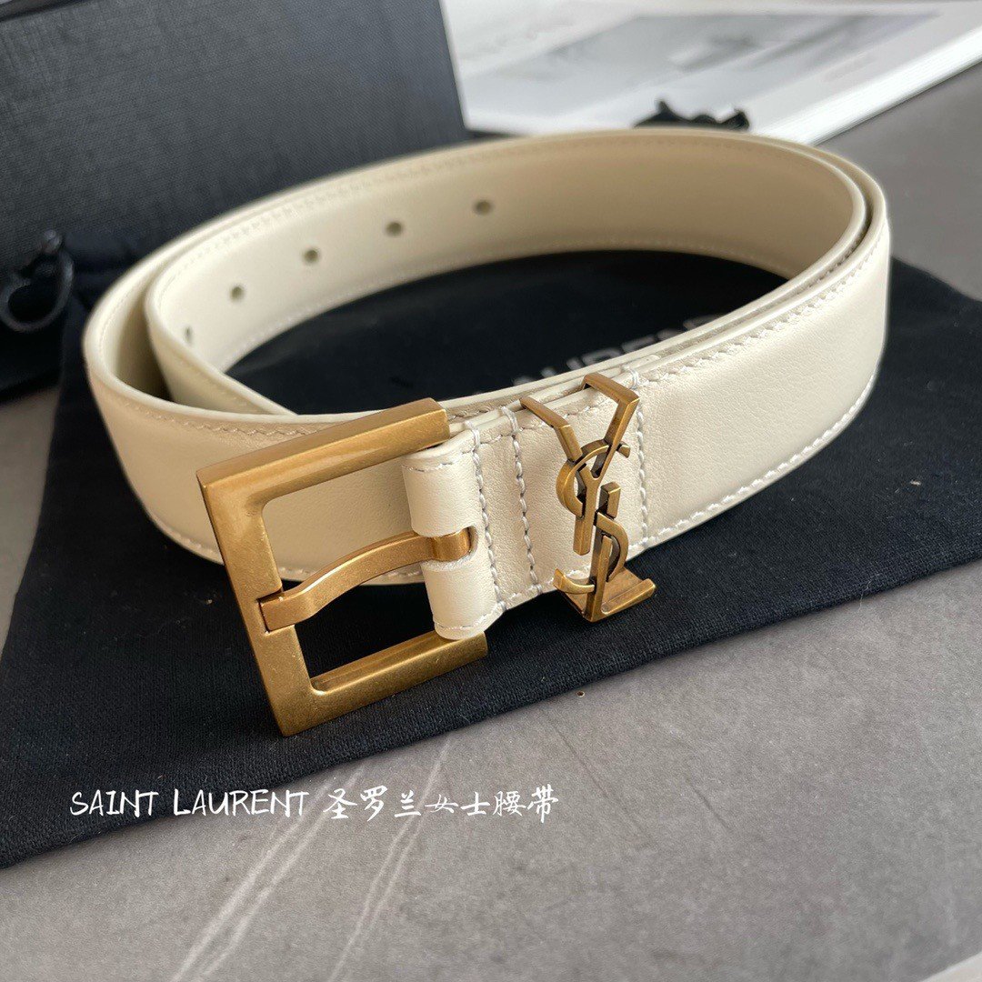 Saint Laurent Cassandre Square Buckle Belt 30MM In White Leather