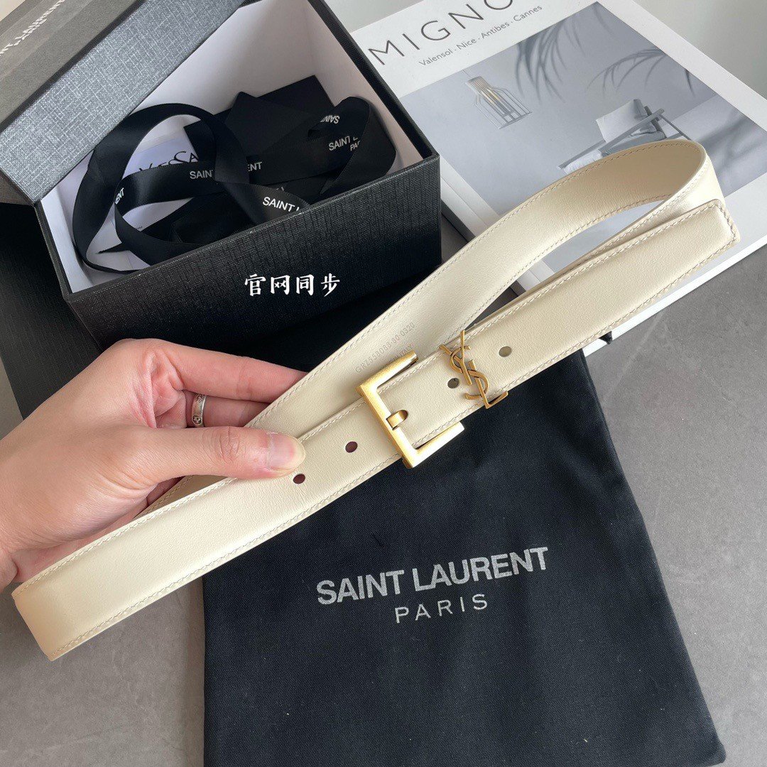 Saint Laurent Cassandre Square Buckle Belt 30MM In White Leather