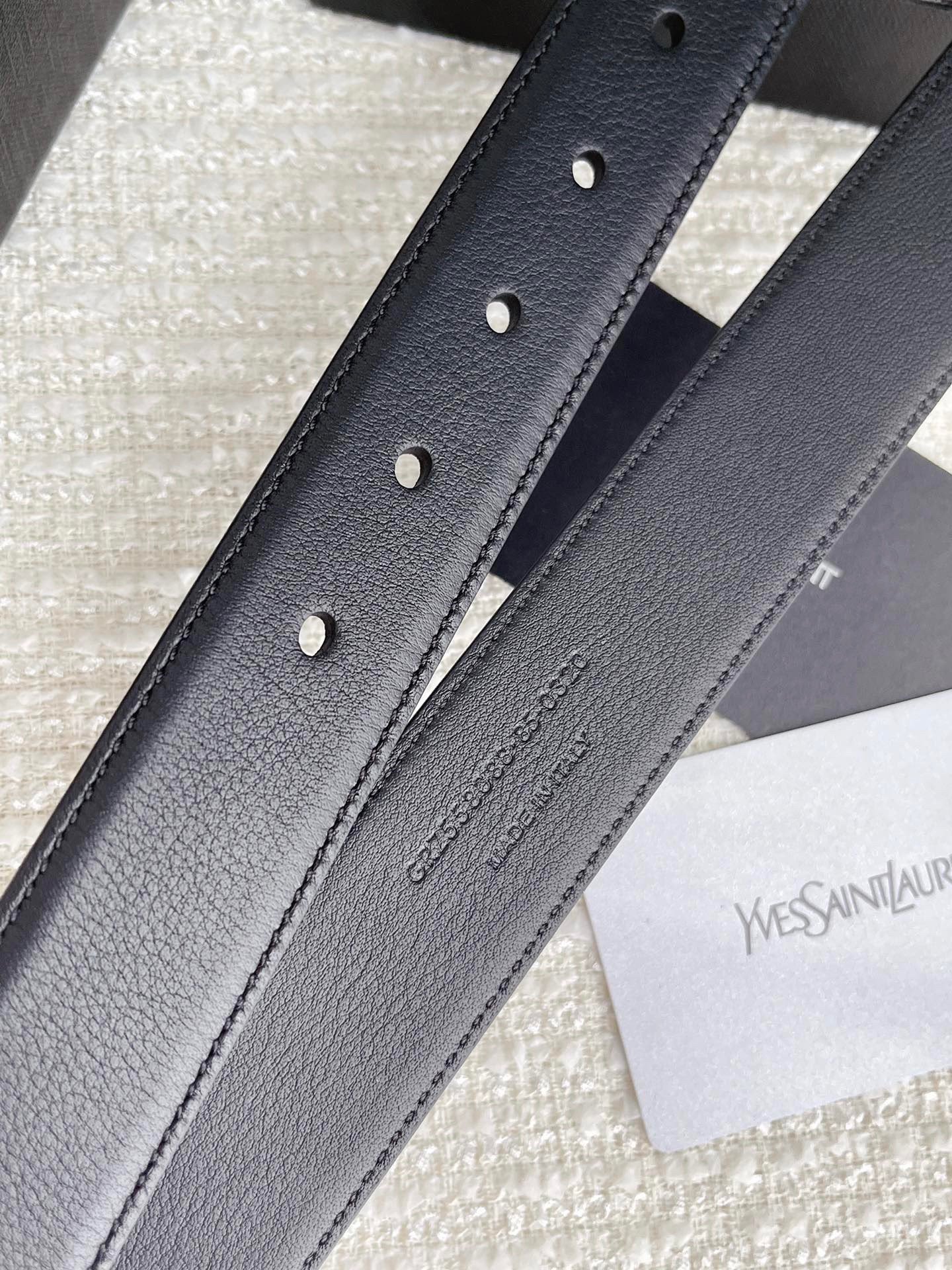 Saint Laurent Cassandre Square Buckle Belt 30MM In All Black Leather