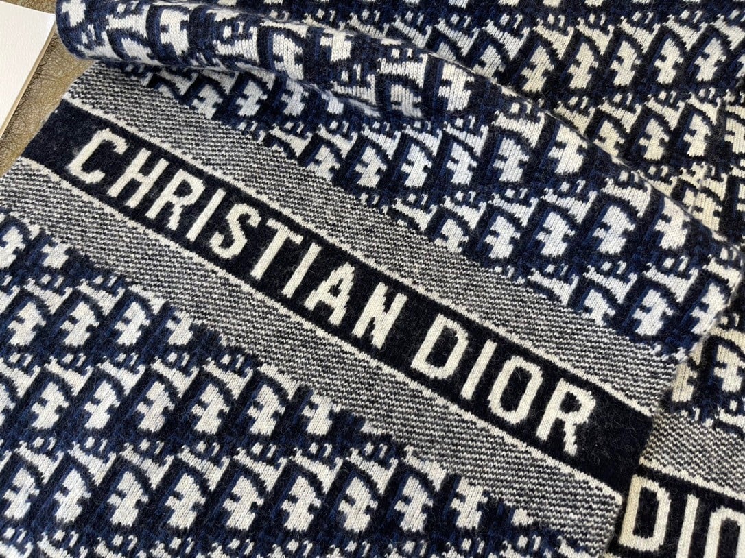 Dior Oblique Scarf In Navy Blue Technical Cashmere